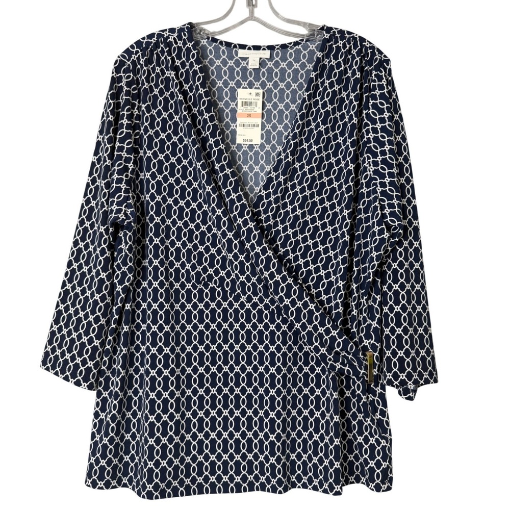 New Charter Club Stretch Jersey Knit Faux Wrap Top Women 2X Navy Blue 3/4 Sleeve